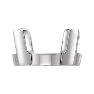 May include: A polished silver-toned ring featuring an open-top design with two vertical, rounded prongs extending upward from a smooth, solid band. The metal surface is reflective and uniform, creating a clean, architectural silhouette for this finger accessory.