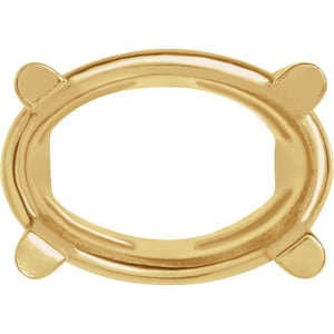 May include: A polished gold oval-shaped jewelry setting featuring four rounded prongs extending from the outer edge. The metal frame has a smooth, reflective surface and a hollow center, designed to hold a gemstone securely in place.
