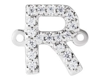 Conector con inicial R adornado con diamante natural de 0,06 ct, oro blanco de 14 quilates – Conector para la fabricación de joyas