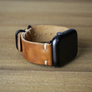 Leather Apple Watch Band 44mm 45mm 40mm 41mm iWatch Strap Handmade in USA Horween Leather English Tan Loop Hardware image 1