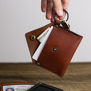 Slim Leather Wallet | ID Keychain Wallet | Minimalist Credit Card Holder | Coin Pouch | Graduation Teacher Gift | Chestnut Leather