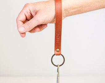 Wristlet Keychain Leather Wrist Strap | Custom Personalized leather key fob | Monogrammed Gift for Women Mom Housewarming Gift | English Tan