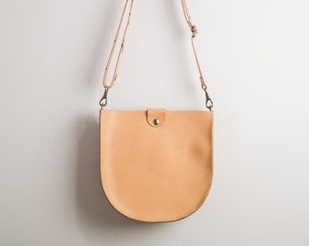 Leather Saddle Bag | Tan Leather Crossbody Monogram Purse | Leather Handbag Made in USA | Small Crossbody Bag with Detachable Strap