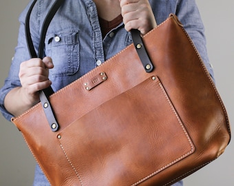 Leather Tote Bag for Women | Large Leather Tote | Personalized Leather Handbag | Tumbled Horween Leather English Tan | Front Pocket