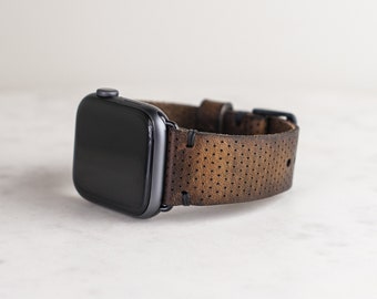 Apple Watch Strap Perforated Leather | Leather Apple Watch Band for 40mm 41mm 44mm 45mm iWatch | Perforated Brown Nut Horween Leather