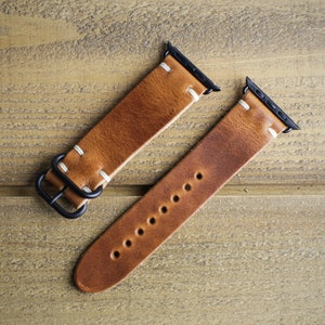 Leather Apple Watch Band 44mm 45mm 40mm 41mm iWatch Strap Handmade in USA Horween Leather English Tan Loop Hardware image 8