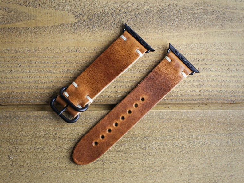 Leather Apple Watch Band 44mm 45mm 40mm 41mm iWatch Strap Handmade in USA Horween Leather English Tan Loop Hardware image 8
