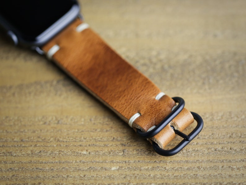 Leather Apple Watch Band 44mm 45mm 40mm 41mm iWatch Strap Handmade in USA Horween Leather English Tan Loop Hardware image 7
