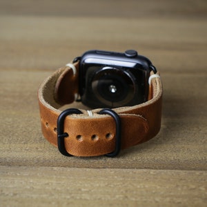 Leather Apple Watch Band 44mm 45mm 40mm 41mm iWatch Strap Handmade in USA Horween Leather English Tan Loop Hardware image 4