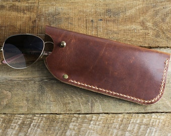 Leather Sunglass Case | Leather Glasses Case | Sunglass Eyewear Glasses Cover | Horween Leather English Tan + Antique Brass Hardware