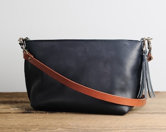 Leather Crossbody Purse | Zippered Leather Handbag in Full Grain Leather | Handmade in the USA | Horween Black Leather