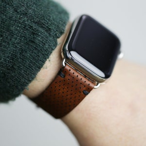 Perforated Leather Band for Apple Watch | Apple Watch Strap | for   44mm 45mm 40mm 41mm iWatch | Perforated English Tan Horween Leather