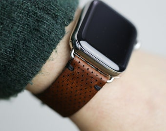 Geperforeerde leren band voor Apple Watch | Apple Watch-bandje | voor 44 mm 45 mm 40 mm 41 mm iWatch | Geperforeerd Engels Tan Horween leer