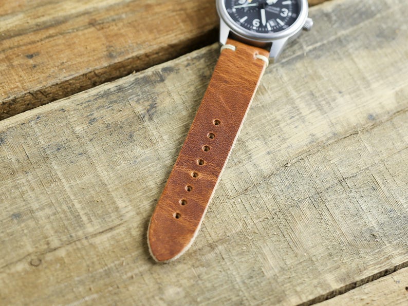 Brown Leather Watch Strap 20mm 18mm 19mm 22mm 24mm Horween Leather Watch Band in English Tan Custom Handmade Thumbnail Buckle image 4