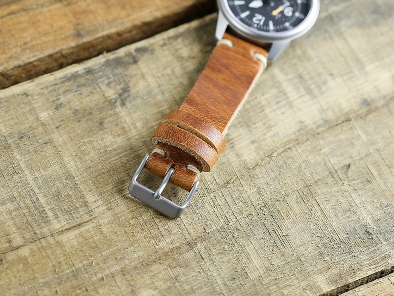 Brown Leather Watch Strap 20mm 18mm 19mm 22mm 24mm Horween Leather Watch Band in English Tan Custom Handmade Thumbnail Buckle image 3