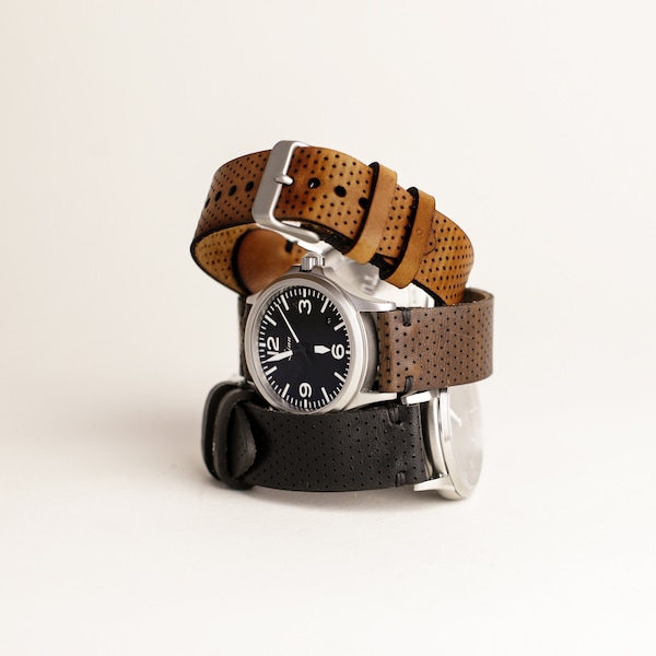 Leather Watch Strap 18mm, 20mm or 22mm Perforated Horween Leather | English Tan leather, Brown Leather or Black Leather