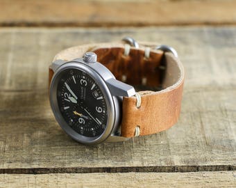 Leather Watch Strap | Custom Leather Watch Band | Handmade Watch Strap | Horween English Tan - Brown Leather | Matte Loop Hardware