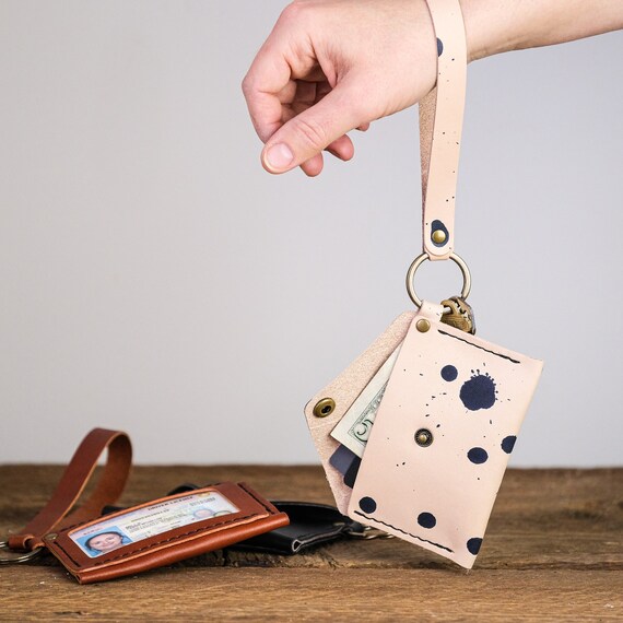 Spotted Leather Coin Purse Wristlet ID Keychain Wallet Slim Credit Card Holder Graduation Teacher Gift Hand Dyed Spots on Leather Etsy