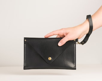 Leather Handbag Women's Wristlet Wallet | Leather Wristlet Clutch Purse | Phone wallet Evening Bag | Envelope Clutch Purse | Black