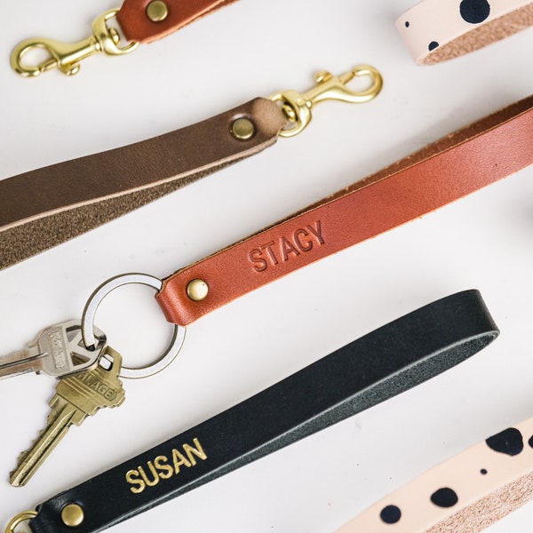 Leather Wrist Strap Wristlet Keychain | Custom Personalized leather key fob | Monogrammed Gift for Women Mom Housewarming Gift | Made in USA