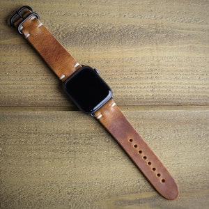 Leather Apple Watch Band 44mm 45mm 40mm 41mm iWatch Strap Handmade in USA Horween Leather English Tan Loop Hardware image 5