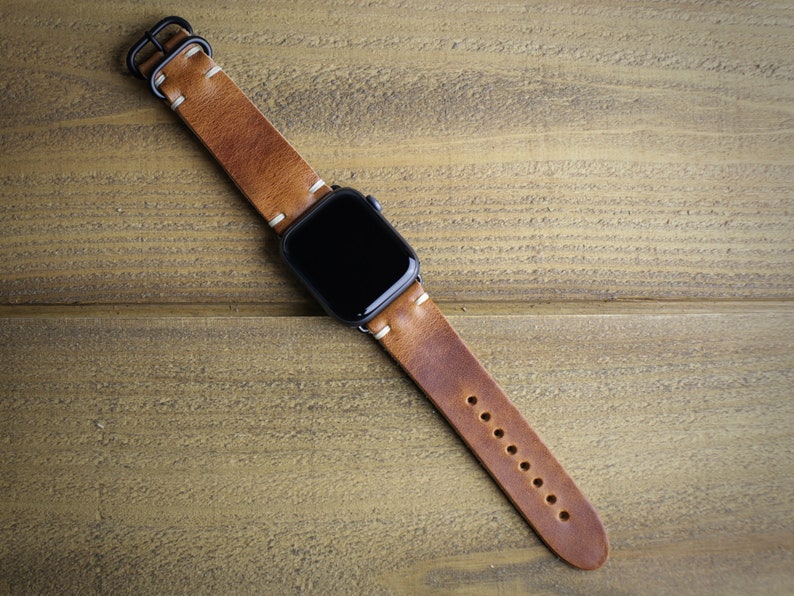 Leather Apple Watch Band 44mm 45mm 40mm 41mm iWatch Strap Handmade in USA Horween Leather English Tan Loop Hardware image 5