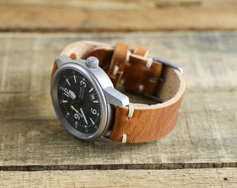 Brown Leather Watch Strap 20mm 18mm 19mm 22mm 24mm | Horween Leather Watch Band in English Tan | Custom Handmade | Thumbnail Buckle