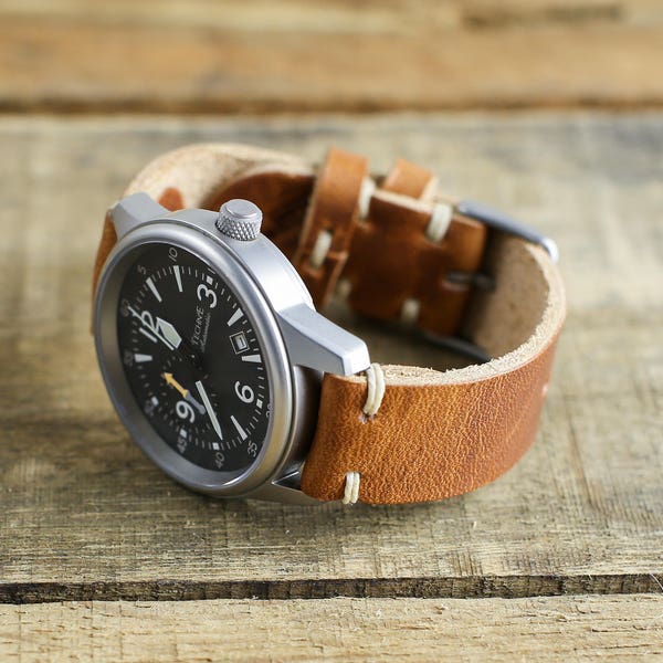 Bracelet de montre en cuir marron 20 mm 18 mm 19 mm 22 mm 24 mm | Bracelet de montre en cuir Horween en fauve anglais | Fait à la main sur mesure | Miniature Boucle