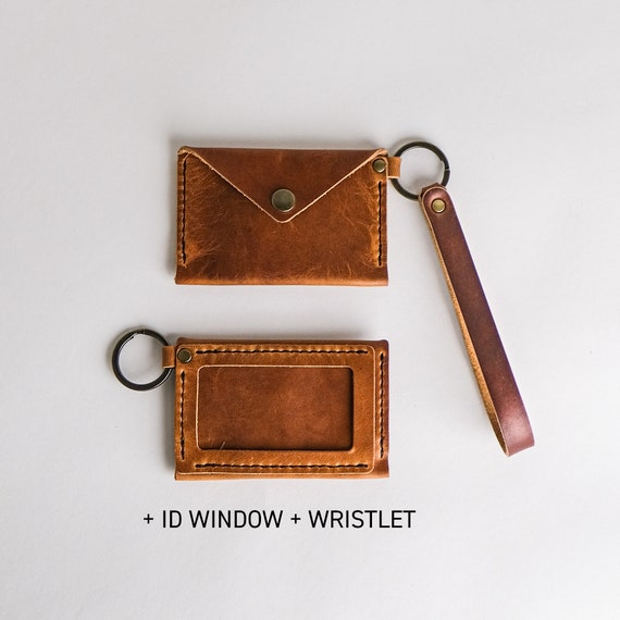 Slim Leather Wallet | ID Keychain Wallet | Minimalist Credit Card Holder | Coin Pouch | Graduation Teacher Gift | Chestnut Leather