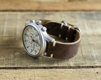 Horween Leather Watch Strap | Custom size watch band for 18mm, 19mm, 20mm, 22mm, 24mm | Brown Nut Dublin Leather | Matte Loops