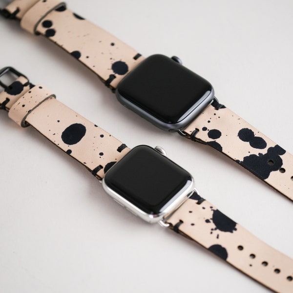 Apple Watch Band Spotted Leather | Hand Dyed Splatter Print iWatch Strap | 42mm 38mm 44mm 40mm | Made in USA Vegetable Tanned Leather