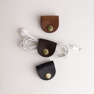 Leather Cable Organizers | Leather Cord Wrap and earphone holder | Black Leather