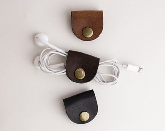 Leather Cable Organizers | Leather Cord Wrap and earphone holder | Black Leather