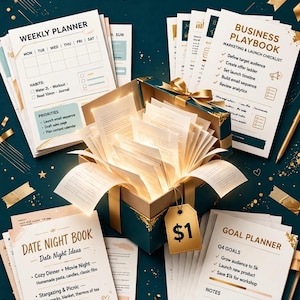 以下が含まれることがあります： THE CORYVERSE SAMPLER、WEEKLY PLANNER、BUSINESS PLAYBOOK、DATE NIGHT BOOK、GOAL PLANNERと書かれた印刷されたプランナーに囲まれた、光る白い紙が入ったダークティール色のギフトボックス。箱には$1と書かれた金色のタグが付いています。