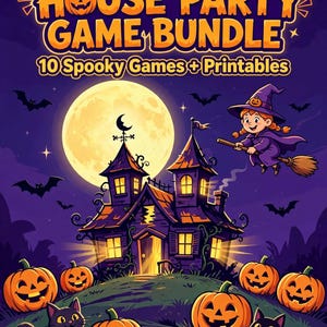 Op de afbeelding: Een digitale afbeelding met de titel THE HAUNTED HOUSE PARTY GAME BUNDLE 10 Spooky Games + Printables. De illustratie toont een paarse nachtscène met een volle maan, een spookhuis, een vliegende heks op een bezemsteel, zwarte katten en oranje pompoenen.