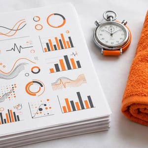 May include: A stack of white paper sheets featuring various black and orange data visualizations, including line graphs, bar charts, and circular diagrams. Next to the paper is a silver analog stopwatch with an orange strap and a rolled orange towel.