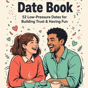 May include: A book cover titled The New Love Date Book: 52 Low-Pressure Dates for Building Trust & Having Fun. The illustration features two people laughing at a table with two cups of coffee, a croissant, and sugar cubes, surrounded by hearts.