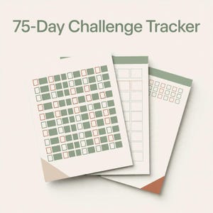 May include: A 75-Day Challenge Tracker printed on three stacked sheets of paper. The sheets feature grids with sage green and white rectangular boxes, some outlined in thin red lines. The text 75-Day Challenge Tracker appears at the top.
