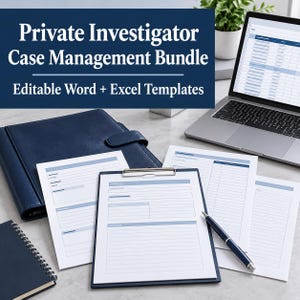 Puede incluir: Un paquete de gestión de casos para investigadores privados con plantillas editables de Word y Excel. El conjunto incluye una carpeta de cuero azul oscuro, un portapapeles con formularios impresos, un cuaderno de espiral, un bolígrafo y un portátil.