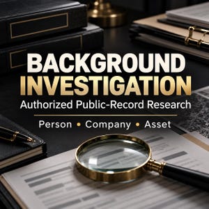 May include: A magnifying glass with a gold rim and black handle rests on a document. The text reads: BACKGROUND INVESTIGATION, Authorized Public-Record Research, Person • Company • Asset. Black binders and a pen are visible in the background.