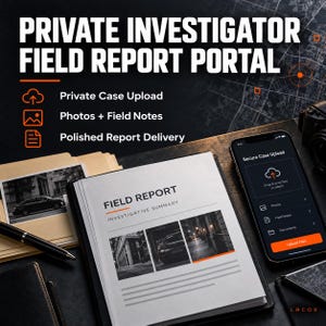 May include: A digital interface for a Private Investigator Field Report Portal featuring text, icons, and a smartphone displaying a Secure Case Upload screen. A physical field report document with photos and a black pen are visible on a desk.
