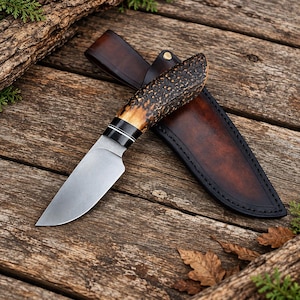 Skinning Knife, 4 Inch Handmade 440C Stainless Steel Hunting Knife with Natural Antler Handle and Leather Sheath, Gift for Hunter