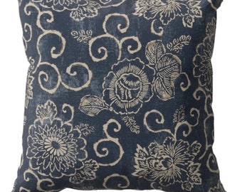 Anne Floral Indigo - Navy Blue/Tan Shibori Custom Designer Pillow