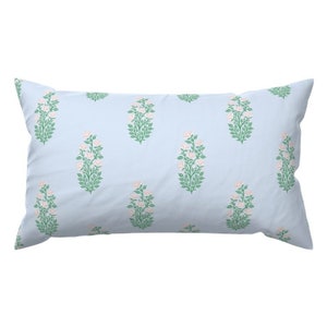 May include: A light blue pillow with a floral pattern of pink flowers and green leaves.