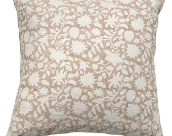 Augustine Tan Floral Block Print Linen Pillow