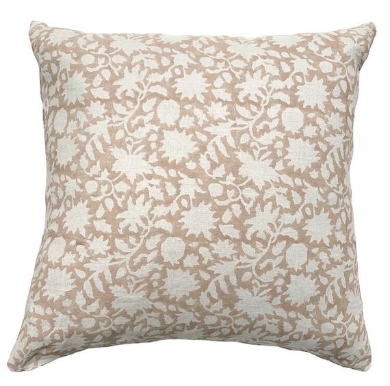 Augustine Tan Floral Block Print Linen Pillow