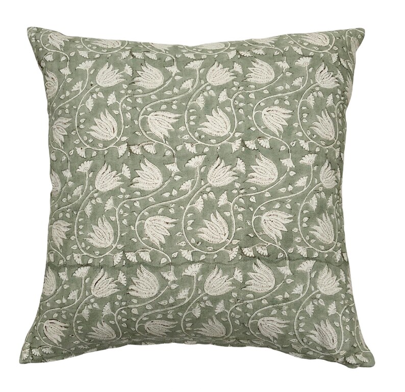Chatham Sage Green Floral Block Print Linen Pillow Etsy
