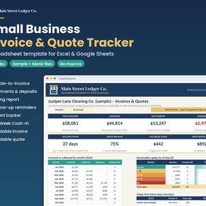 Può includere: Un modello di foglio di calcolo digitale Small Business Invoice & Quote Tracker per Excel e Google Sheets di Main Street Ledger Co. La dashboard mostra metriche finanziarie, inclusi importi fatturati, incassati, in sospeso e scaduti.