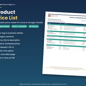 May include: A digital product price list template for Excel and Google Sheets. The document features a white background with dark blue and teal headers, displaying columns for product names, SKUs, descriptions, and retail and wholesale pricing.