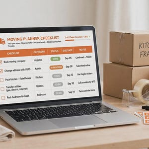 Piano di trasloco di 8 settimane con checklist, strumento di monitoraggio del budget e organizzatore per il trasferimento (download digitale)